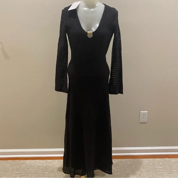 Zara NWT black open weave V-neck midi dress long sleeve gold accents size XS - Picture 2 of 15